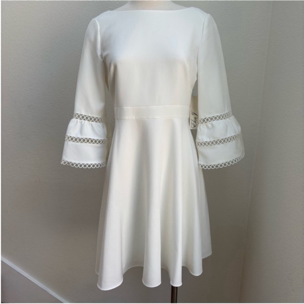 Eliza J Mini Dress Fit Flare Modest Bridal Shower Engagement Ivory White Size 8 - Picture 2 of 11
